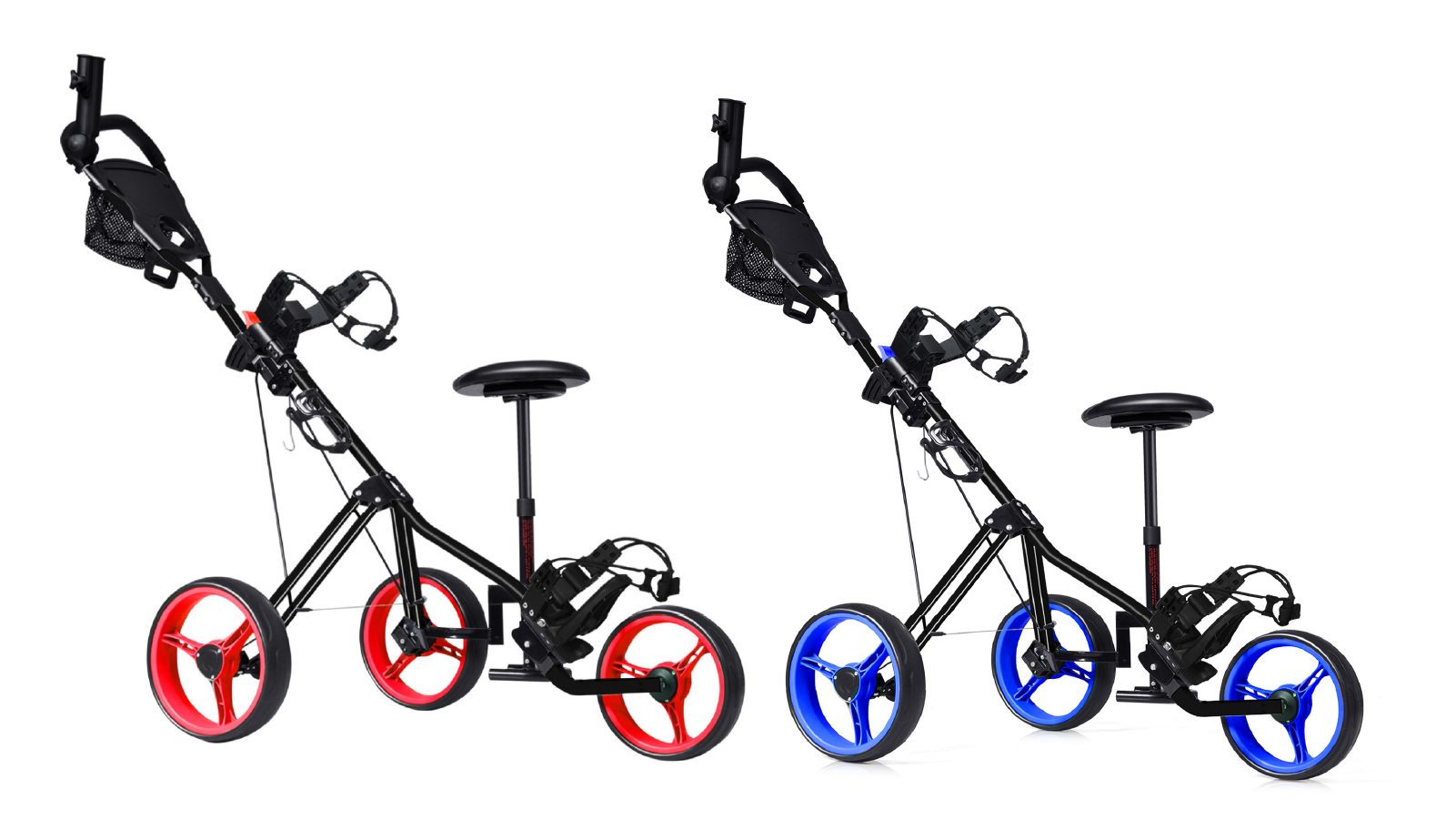 Costway Foldable Pro 3 Wheel Adjustable Golf Club Push Cart Trolley with Seat & Scoreboard Bag