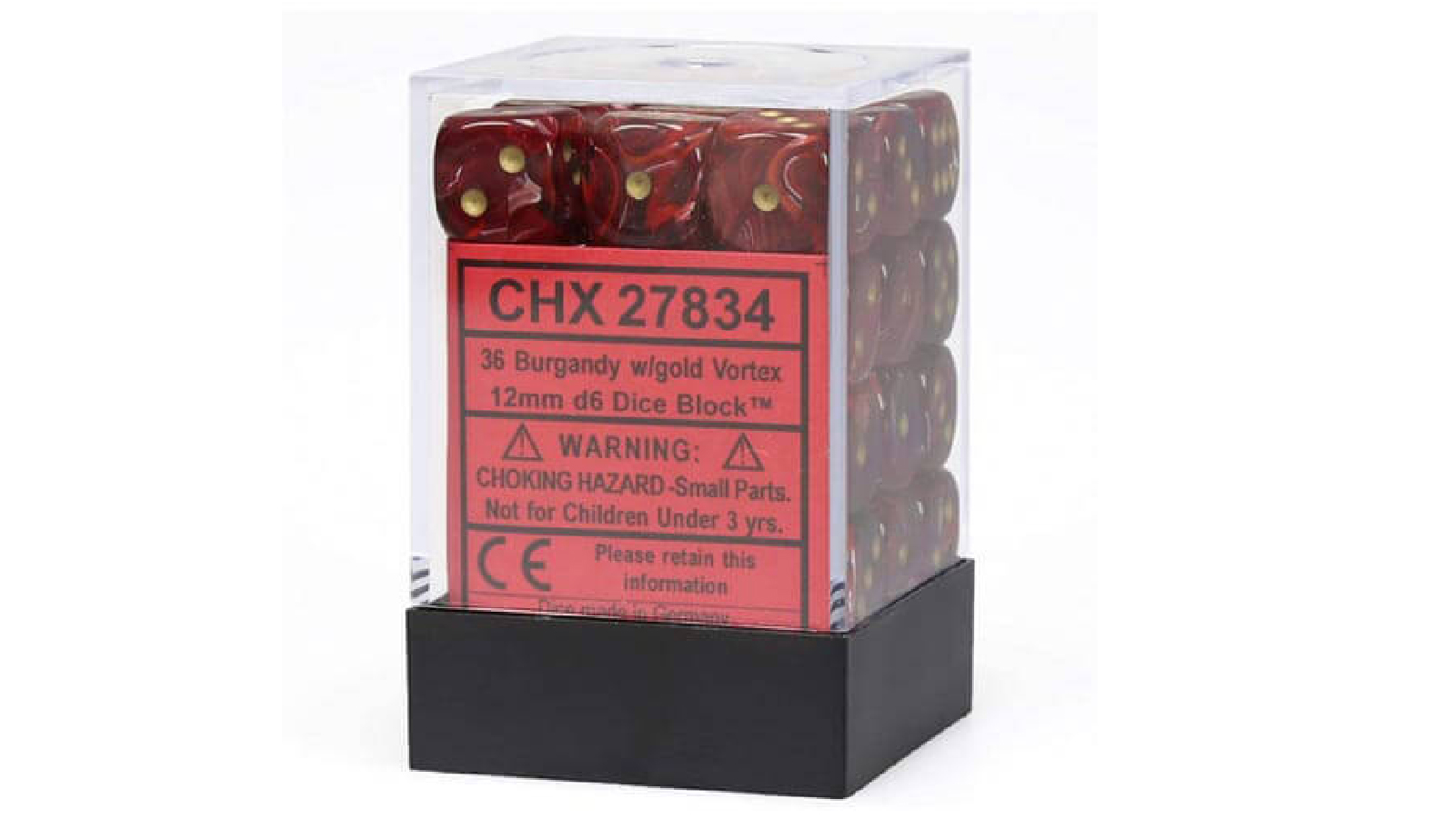 Chessex Vortex 12mm D6 Dice  (36 Dice) - Burgundy/Gold
