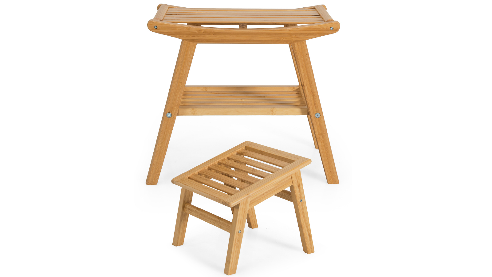 Costway Bamboo Shower Seat Chair Bench Wood Foot Stool Set with Storage Shelf
