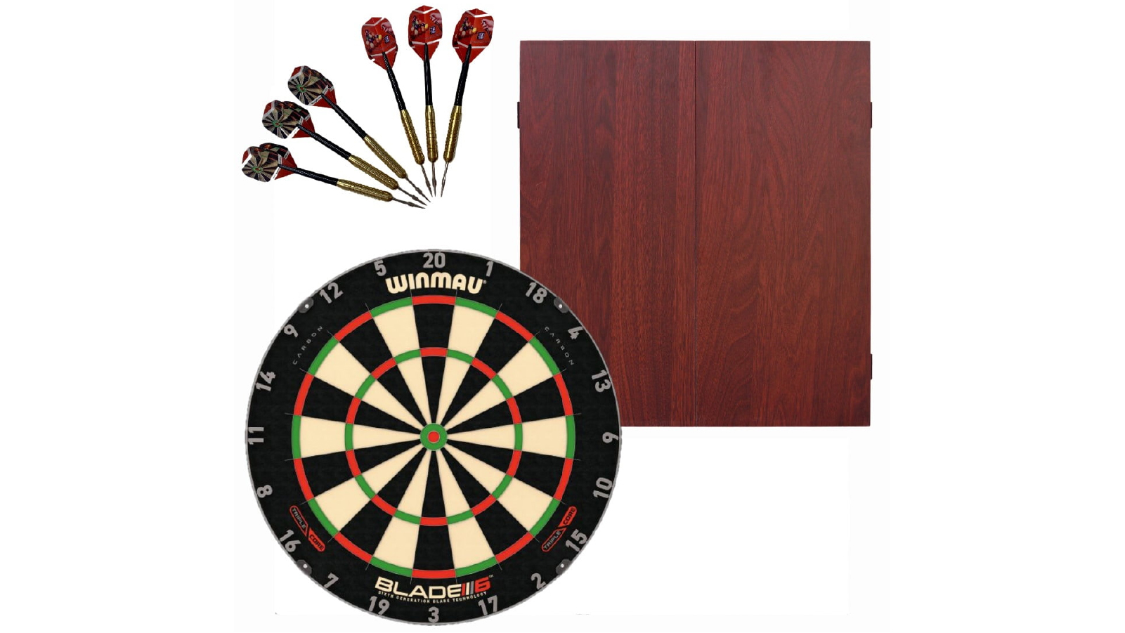 Winmau Blade 6 Triple Core Dart Board + Mahogany Cabinet + Darts Set