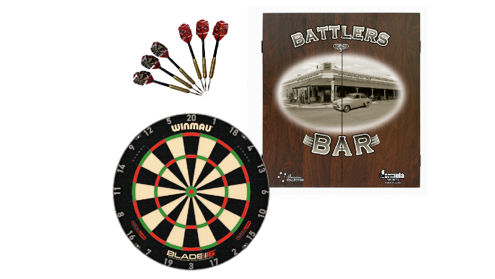 Winmau Blade 6 Triple Core Dart Board + Battlers Bar Cabinet + Darts Set