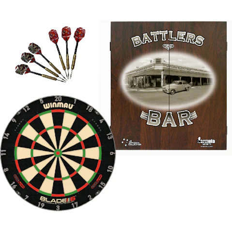 Winmau Blade 6 Triple Core Dart Board + Battlers Bar Cabinet + Darts Set