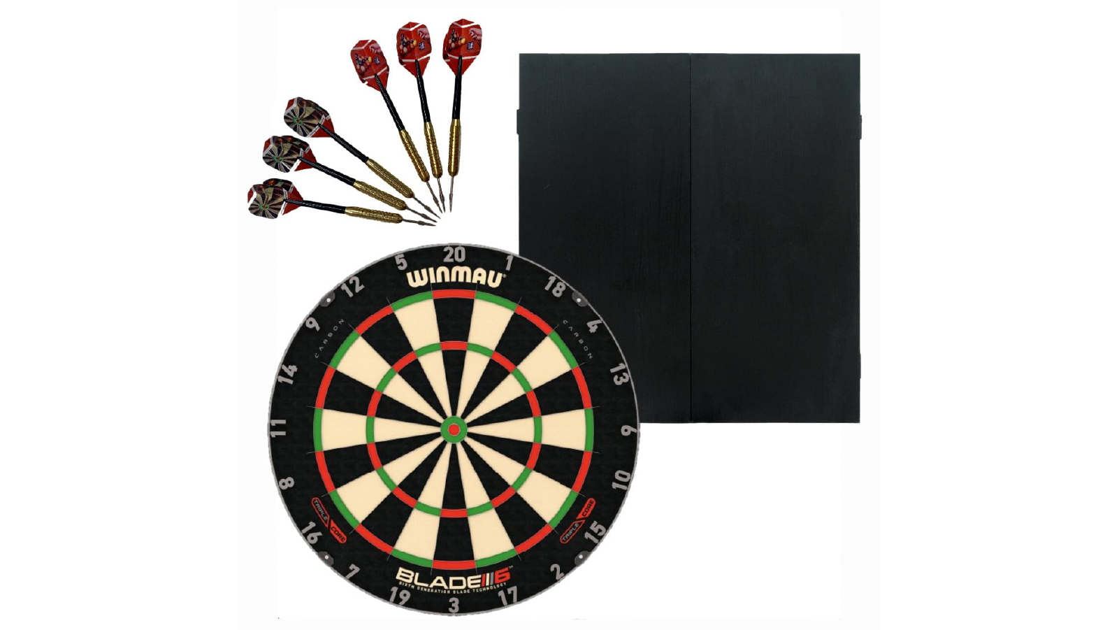 Winmau Blade 6 Triple Core Dart Board + Black Ash Cabinet + Darts Set