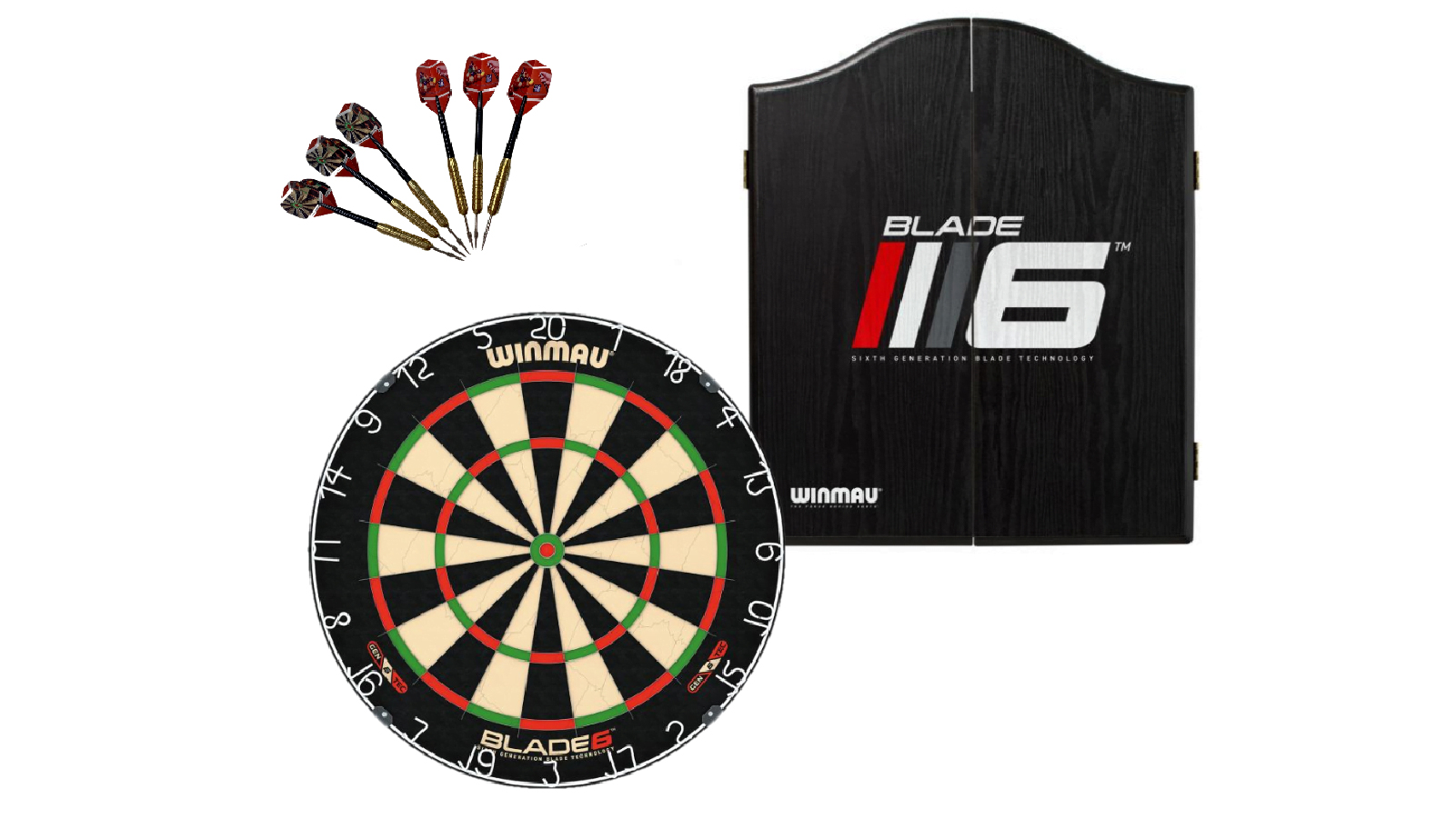 Winmau Blade 6 Dart Board + Blade 6 Dartboard Cabinet + Darts Set