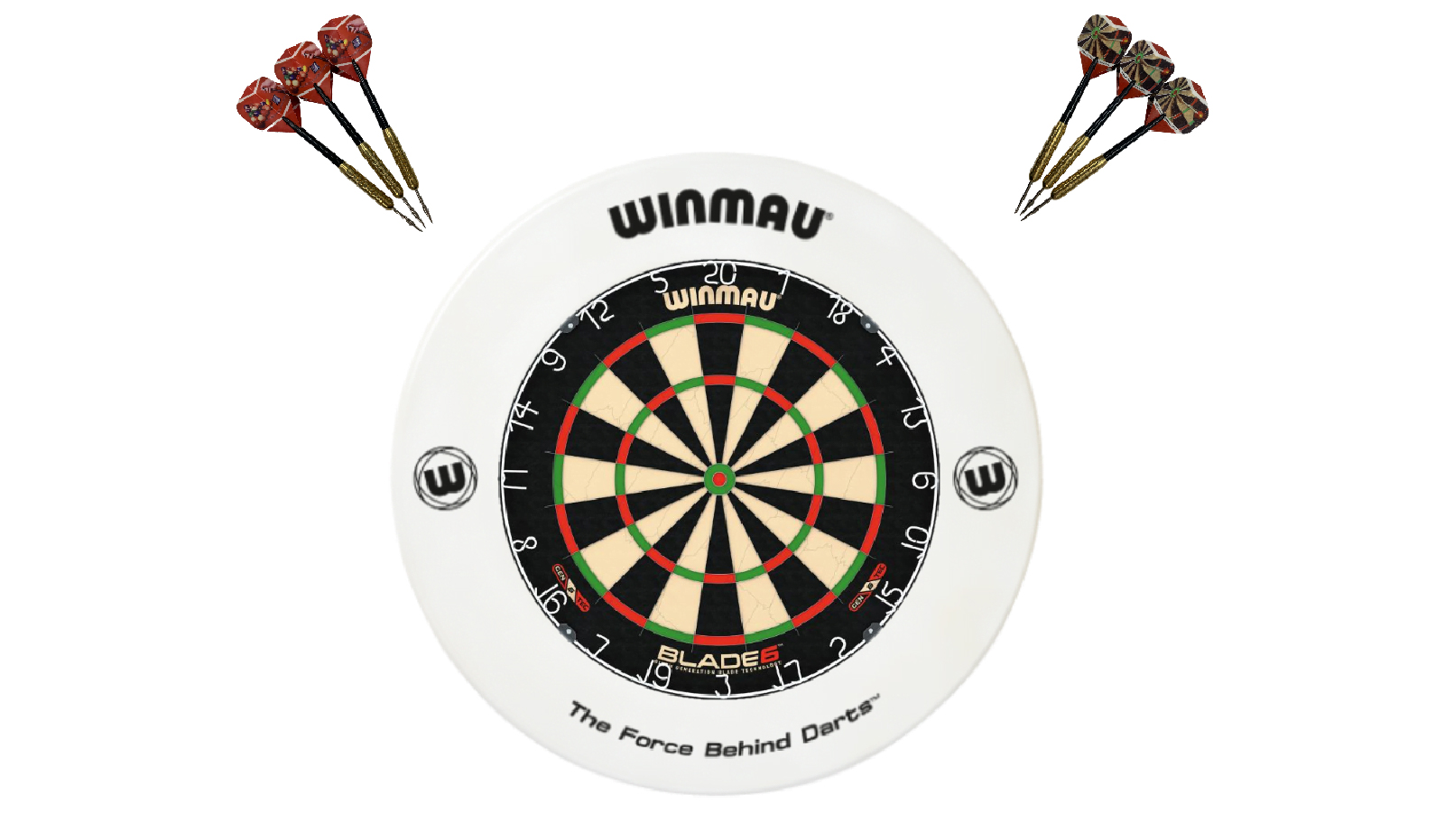 Winmau Blade 6 Dart Board + White Printed Dartboard Surround + Darts Set