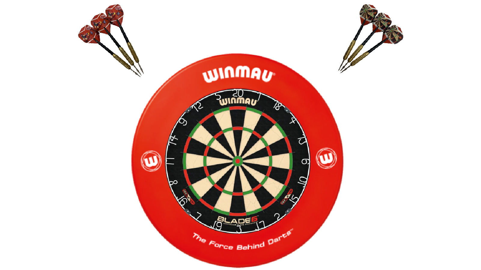 Winmau Blade 6 Dart Board + Red Printed Dartboard Surround + Darts Set