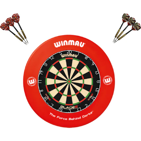 Winmau Blade 6 Dart Board + Red Printed Dartboard Surround + Darts Set