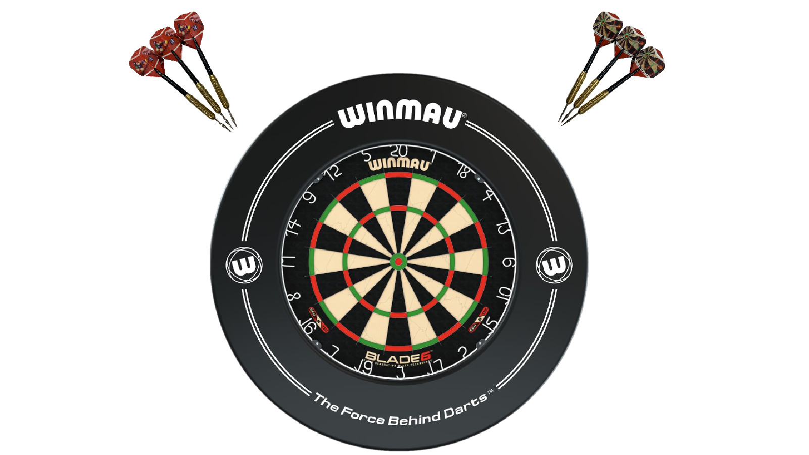 Winmau Blade 6 Dart Board + Black Printed Dartboard Surround + Darts Set