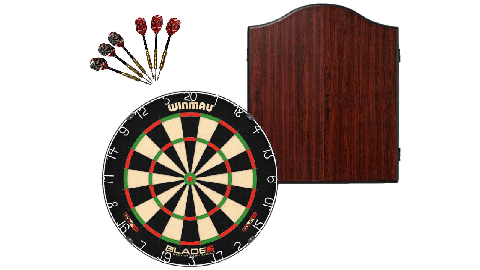 Winmau Blade 6 Dart Board + Rosewood Dartboard Cabinet + Darts Set