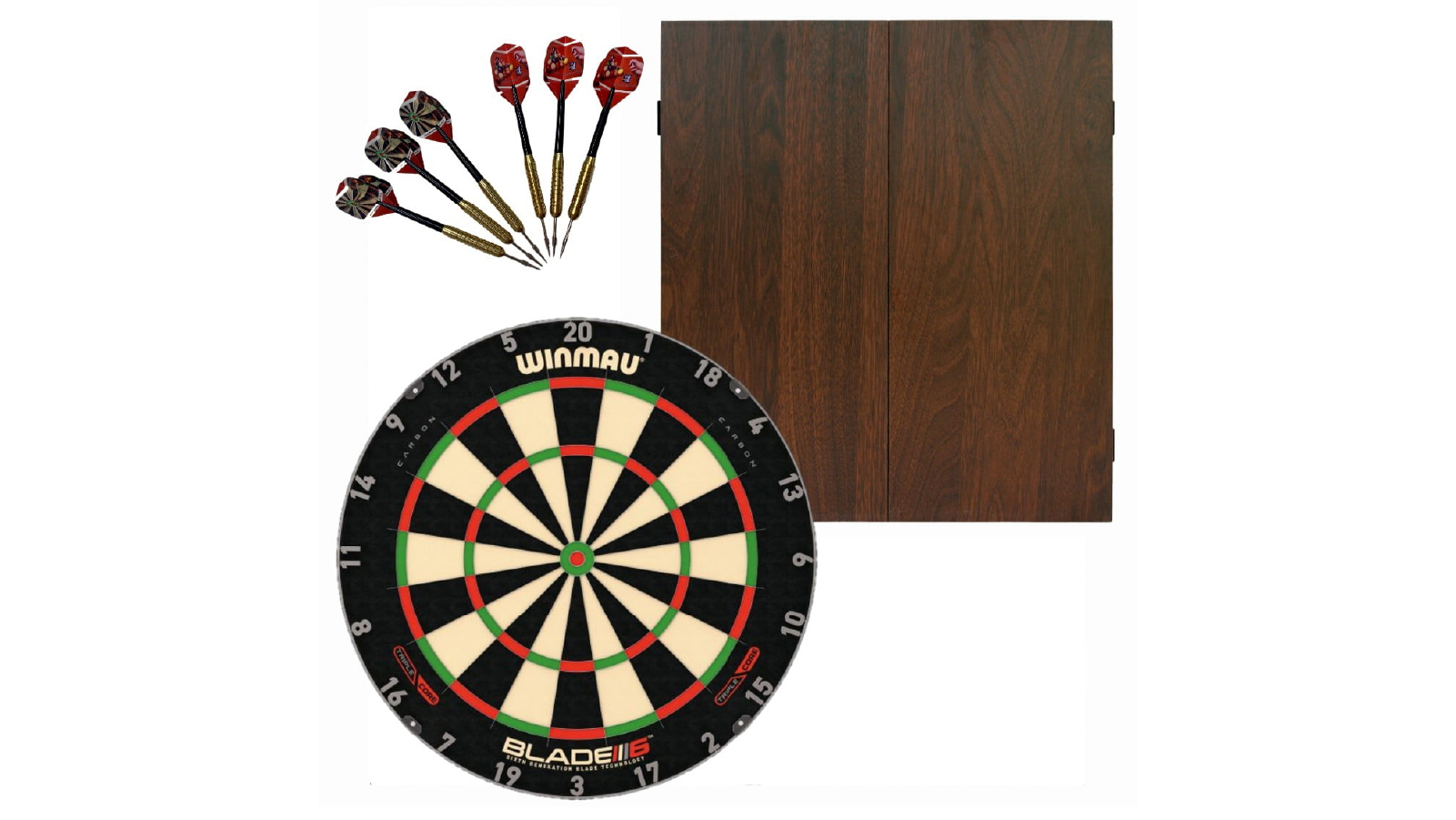 Winmau Blade 6 Triple Core Dart Board + Walnut Cabinet + Darts Set