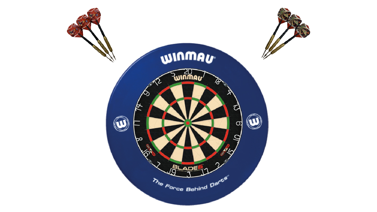 Winmau Blade 6 Dart Board + Blue Printed Dartboard Surround + Darts Set