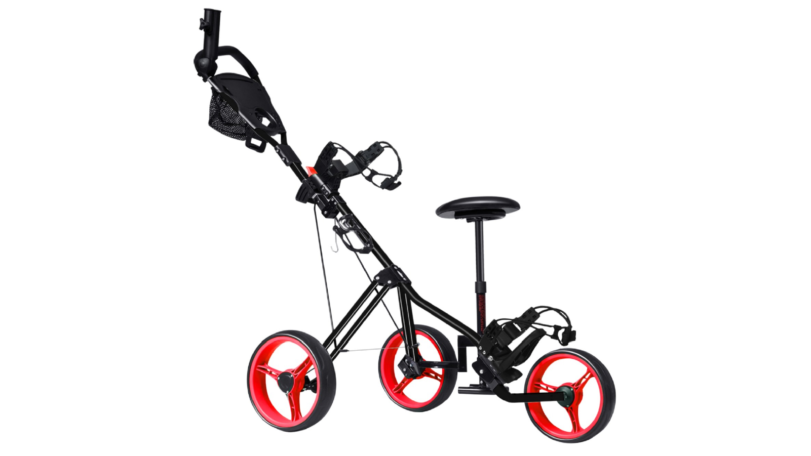 Costway Foldable Pro 3 Wheel Adjustable Golf Club Push Cart Trolley with Seat & Scoreboard Bag - Red