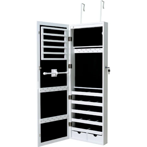 Costway Mirror Jewellery Cabinet Door Wall Mounted Jewelry Armoire Makeup Storage Cosmetics Organizer with 2 Built-In LED Lights