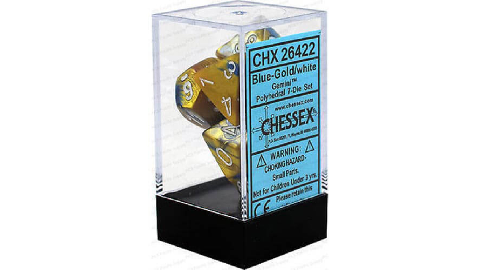 Chessex D7 Die Set Gemini Poly (7 Dice) - Blue-Gold/White