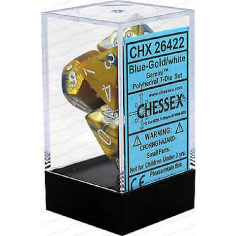 Chessex D7 Die Set Gemini Poly (7 Dice) - Blue-Gold/White