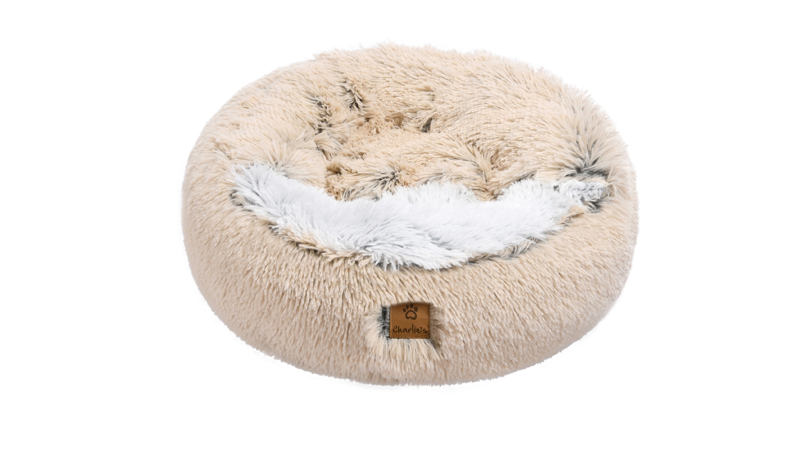 Charlie's Small Cushioned Snookie Hooded Double Faux Pet Nest Bed - Cream and Artic White Chinchilla