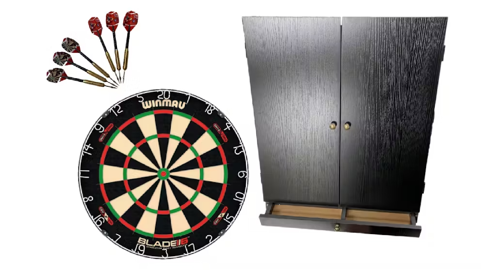 Winmau Blade 6 Dual Core Dart Board and Tex Darts Black Cabinet with Storage Drawer