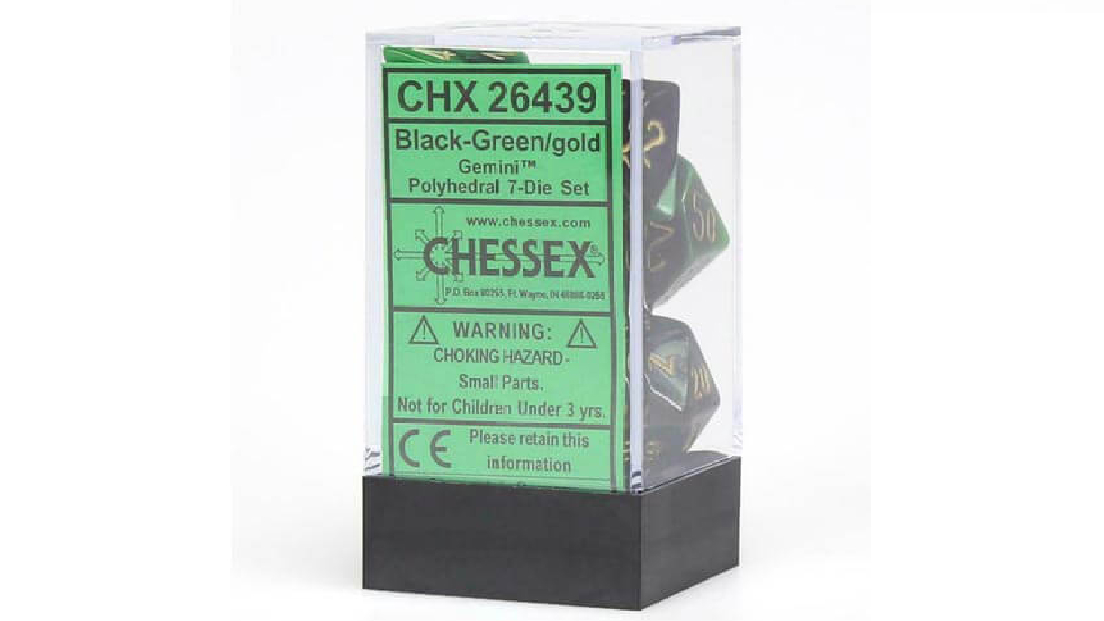 Chessex Gemini Black Green With Gold Polyhedral 7 Die Set