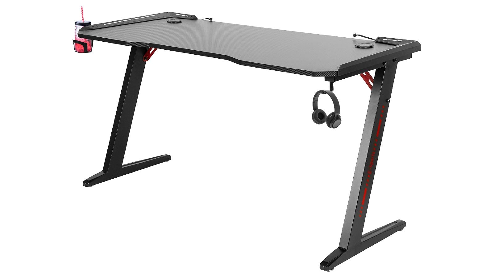 Serrano LED Gaming Desk Computer Table Adjustable with Cup Holder Headphone Hook Cable Hole - Black