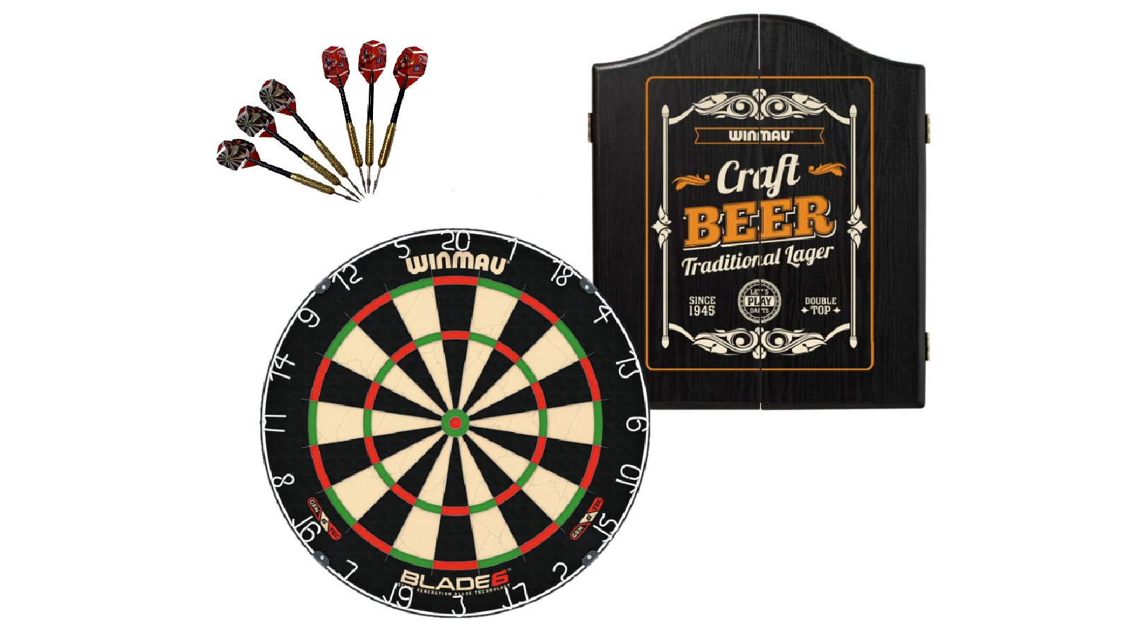 Winmau Blade 6 Dart Board + Craft Beer Dartboard Cabinet + Darts Set