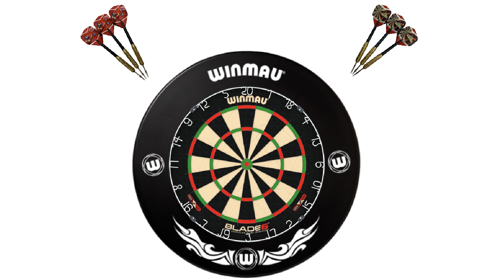 Winmau Blade 6 Dart Board + Xtreme Black Dartboard Surround + Darts Set