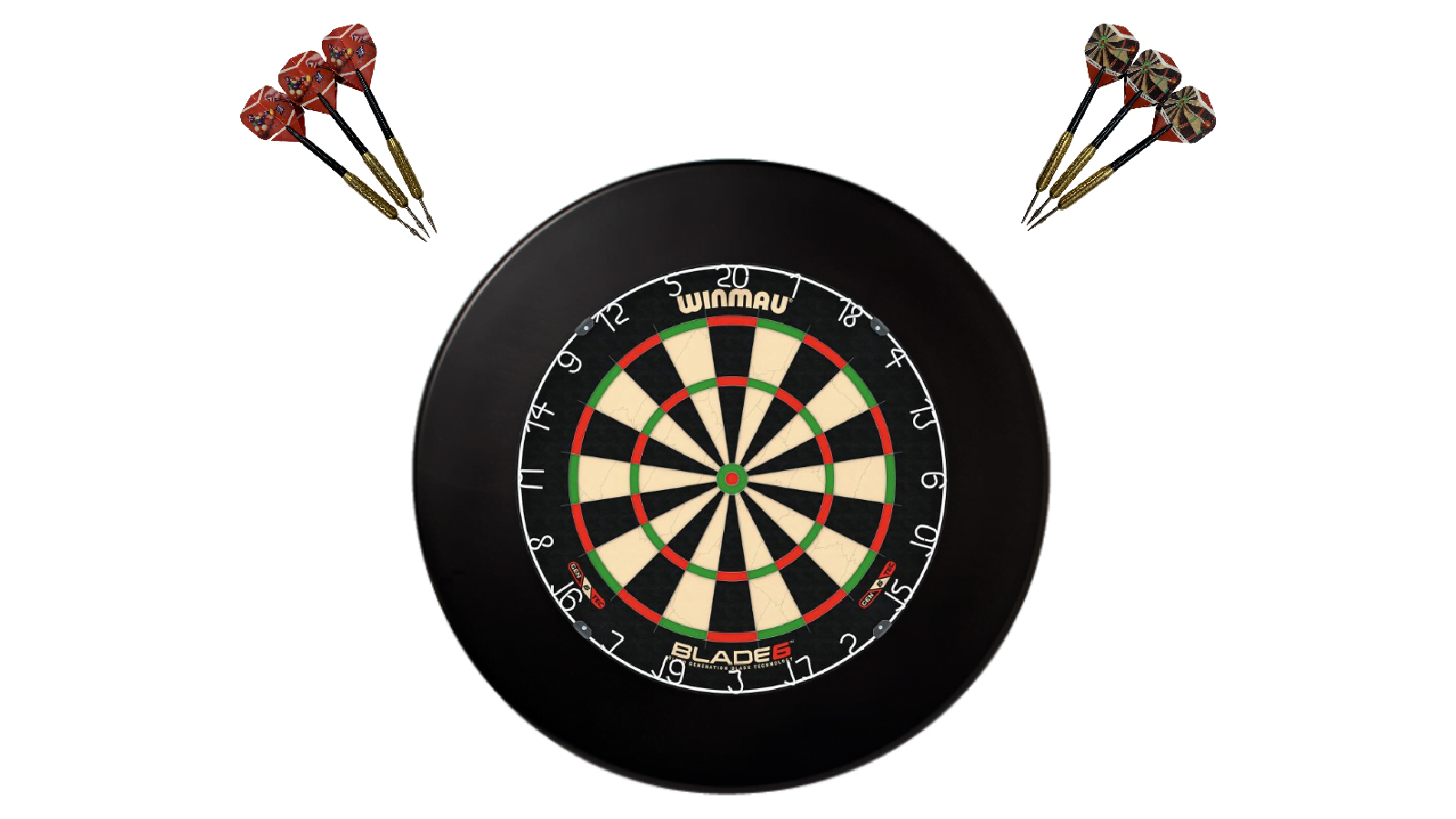 Winmau Blade 6 Dart Board + Black Dartboard Surround + Darts Set