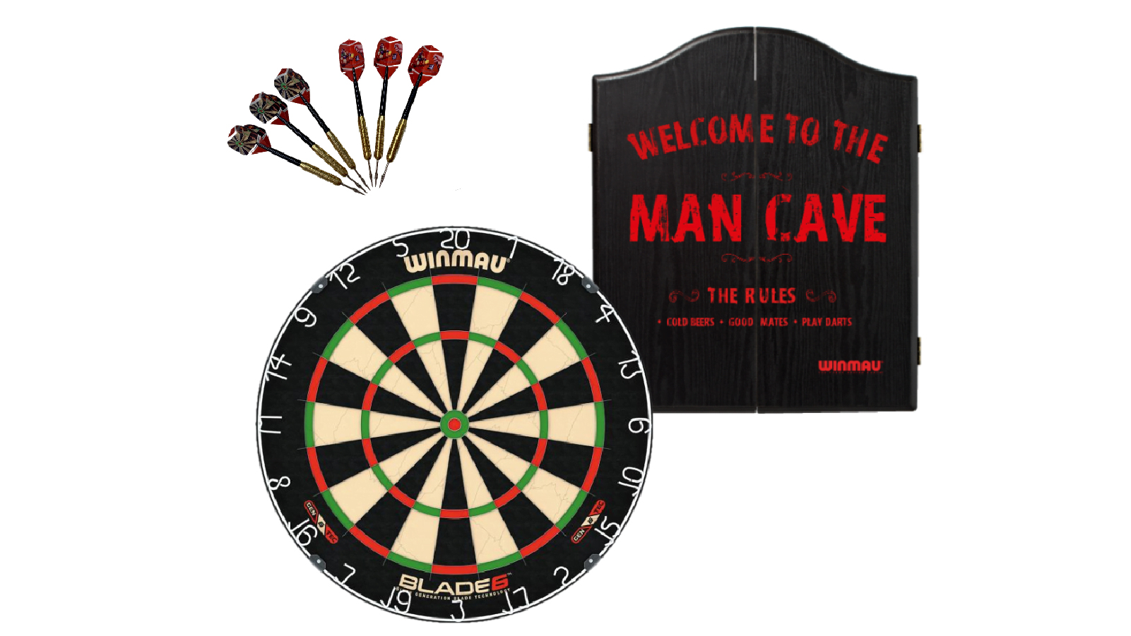 Winmau Blade 6 Dart Board + Man Cave Dartboard Cabinet + Darts Set