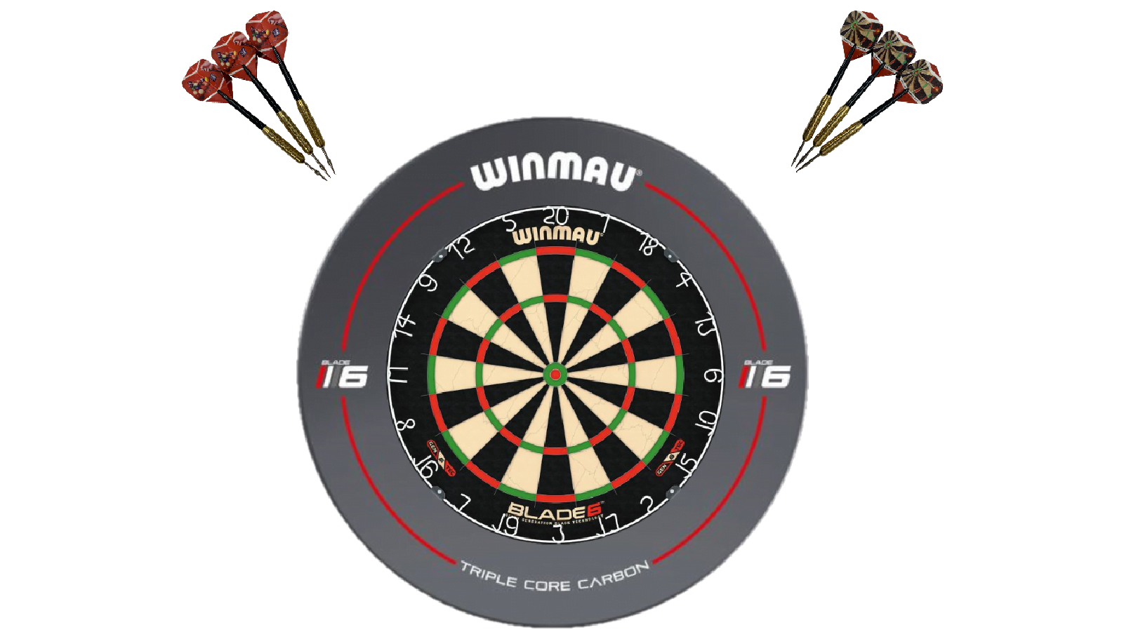 Winmau Blade 6 Dart Board + Blade 6 Grey Dartboard Surround + Darts Set
