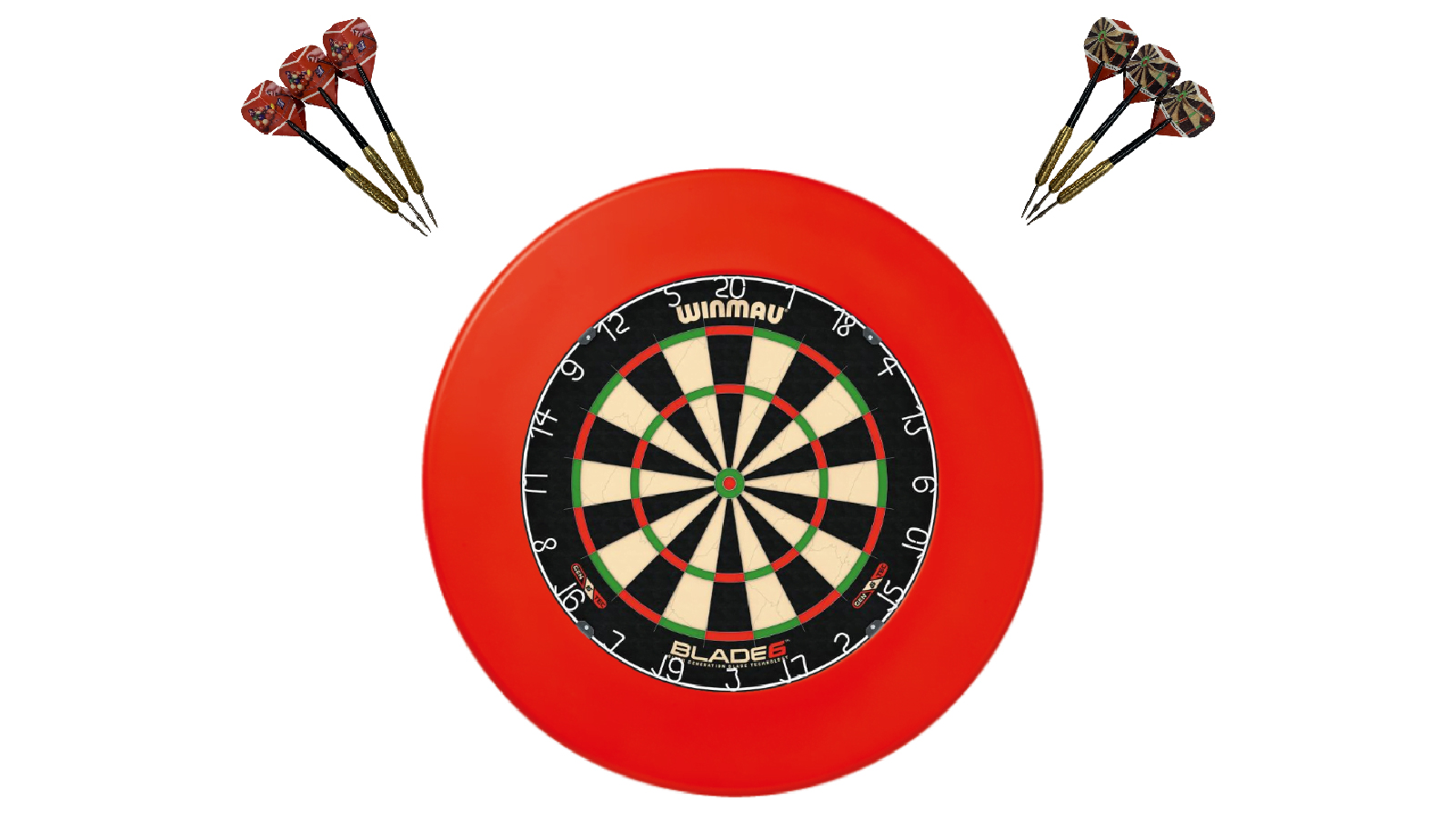 Winmau Blade 6 Dart Board + Red Dartboard Surround + Set of Dart