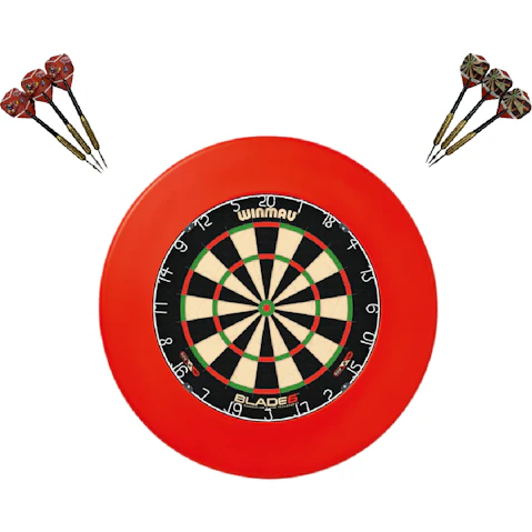 Winmau Blade 6 Dart Board + Red Dartboard Surround + Set of Dart