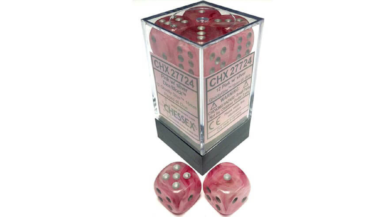 Chessex 16mm Ghostly Glow Pink with Silver Numbers 12 Die Set