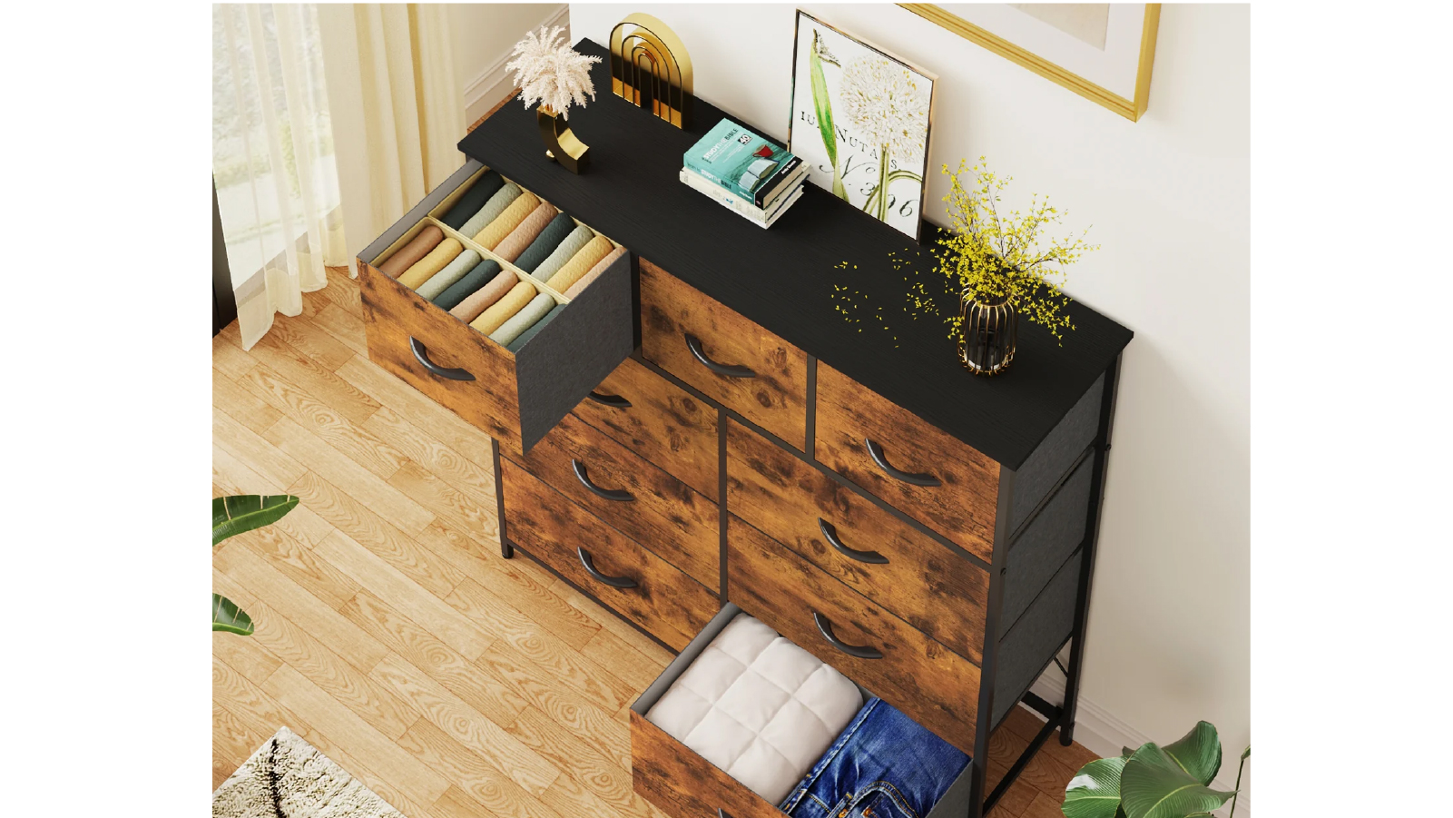 Advwin 9 Drawers Fabric Dresser Tallboy Storage Cabinet - Walnut ...