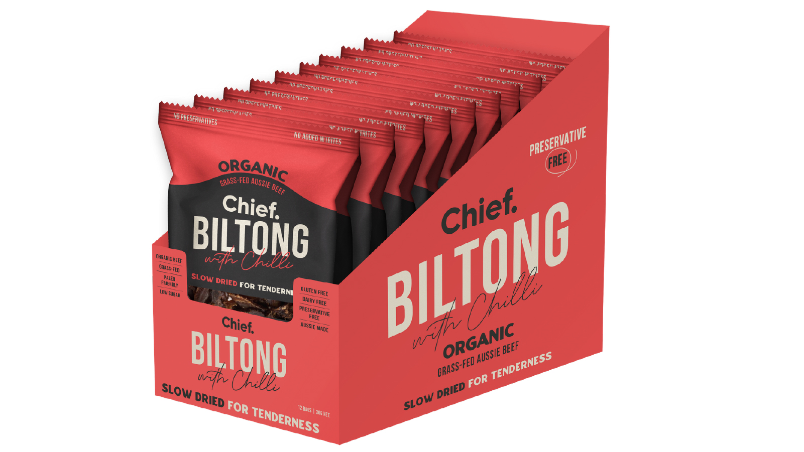 Chief Box Of 12 Beef and Chilli Biltong - 30g