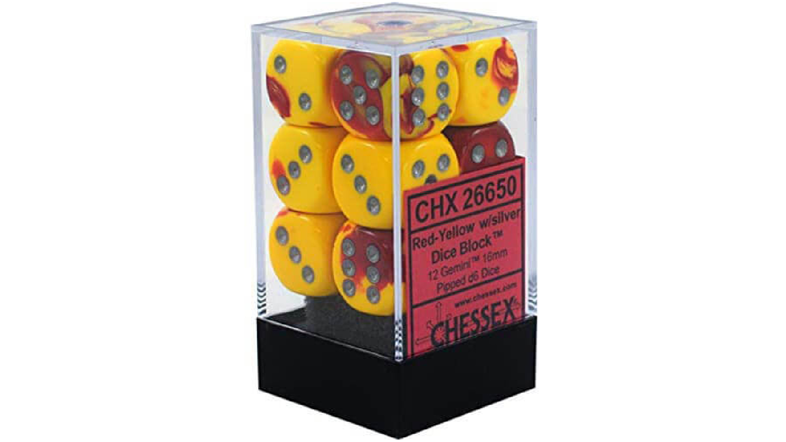 Chessex	D6 Dice Gemini 16mm (12 Dice) - Red-Yellow/Silver