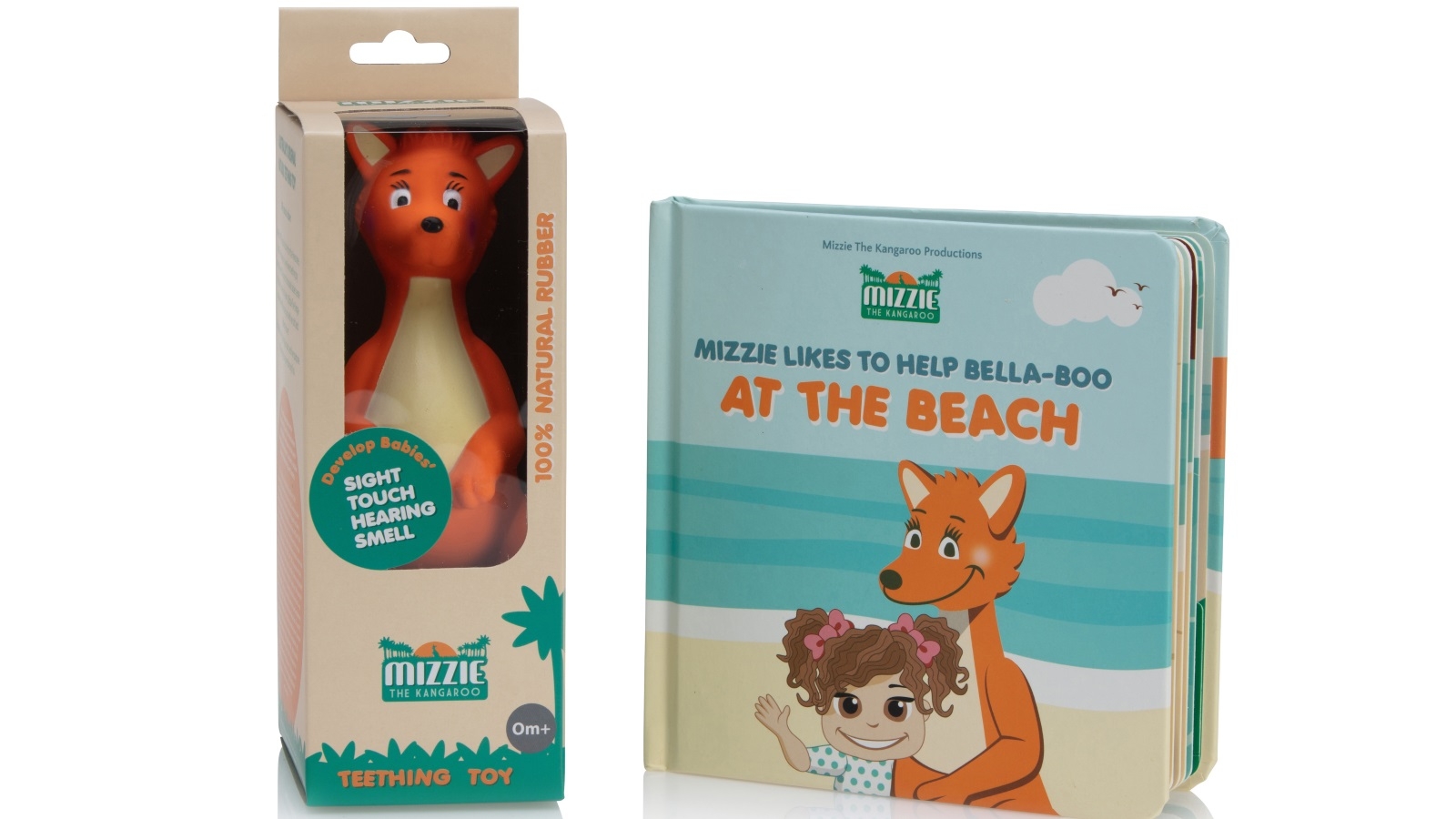 Mizzie The Kangaroo Baby Board Book Gift Set with Mizzie Teething Toy - At The Beach