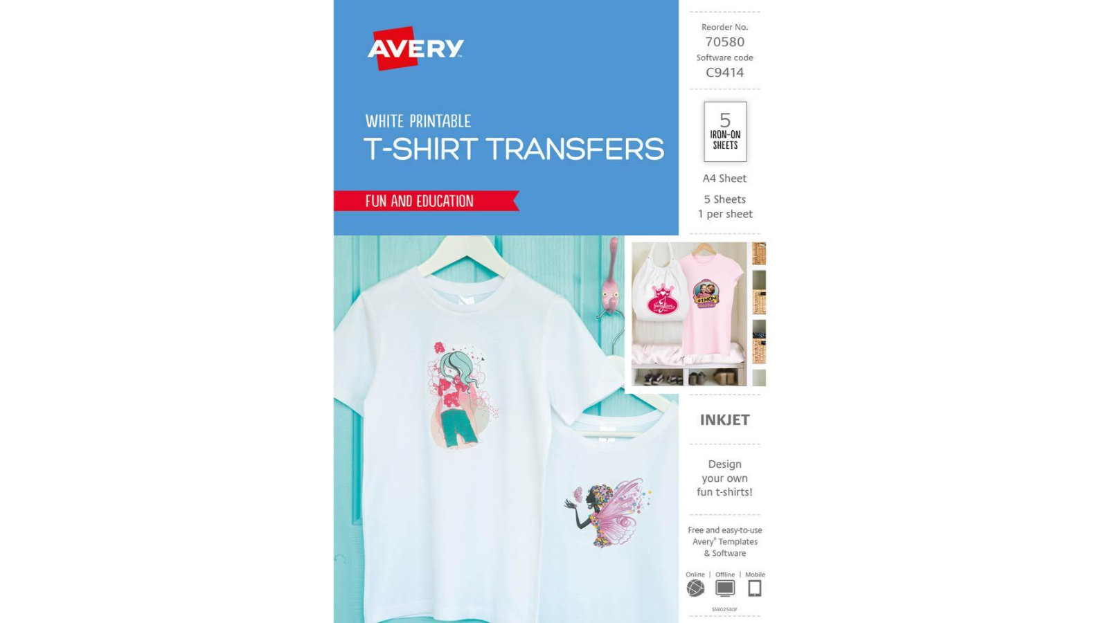 Avery 70580 C9414 Pack of 5 A4 Inspired T-Shirt Transfer - White