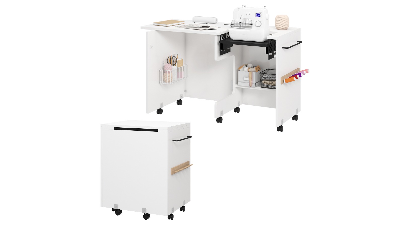 Advwin Folding Sewing Machine Table and Craft Station with Storage - White