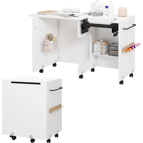 Advwin Folding Sewing Machine Table and Craft Station with Storage - White