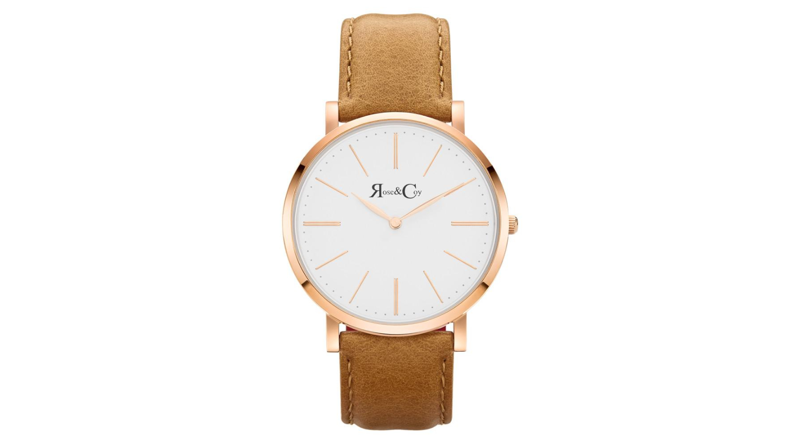 Rose and Coy 4cm Pinnacle Ultra Slim Tan Leather Watch - Rose Gold