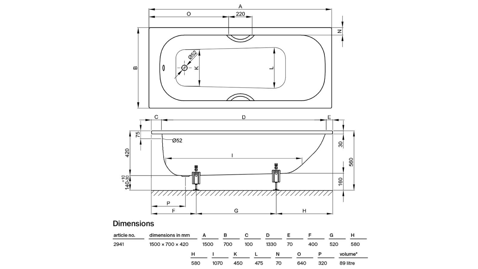 Bette Form 1500 Drop In Bath with White Overflow Waste Harvey Norman