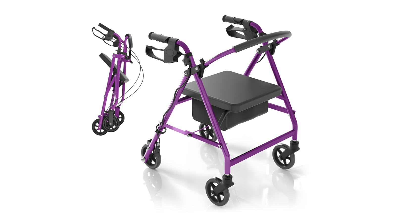 Advwin 4-Wheel Foldable Mobility Aid with Padded Seat - Purple