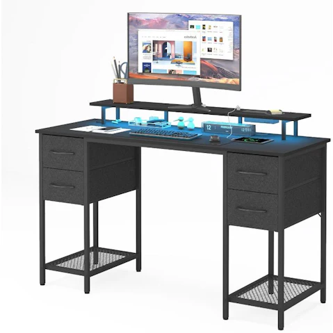 Advwin 160cm L-Shaped Gaming Desk with LED Light and Power Outlet - Walnut