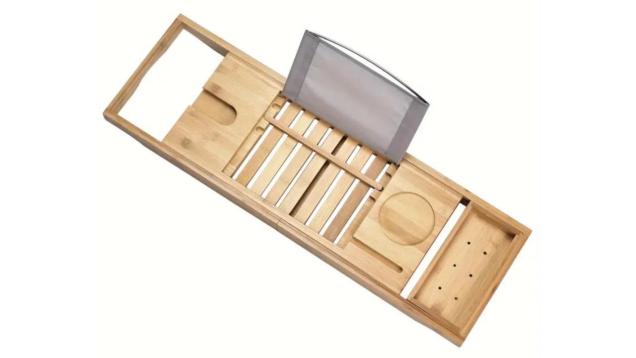 NNETM Stretchable Bamboo Bathtub and Bath Storage Rack - Natural