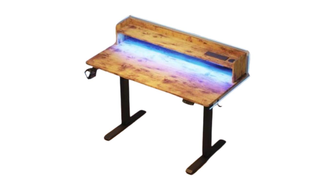 Advwin 120cm LED RGB Light and Power Outlet Adjustable Electric Standing Desk - Rustic Brown