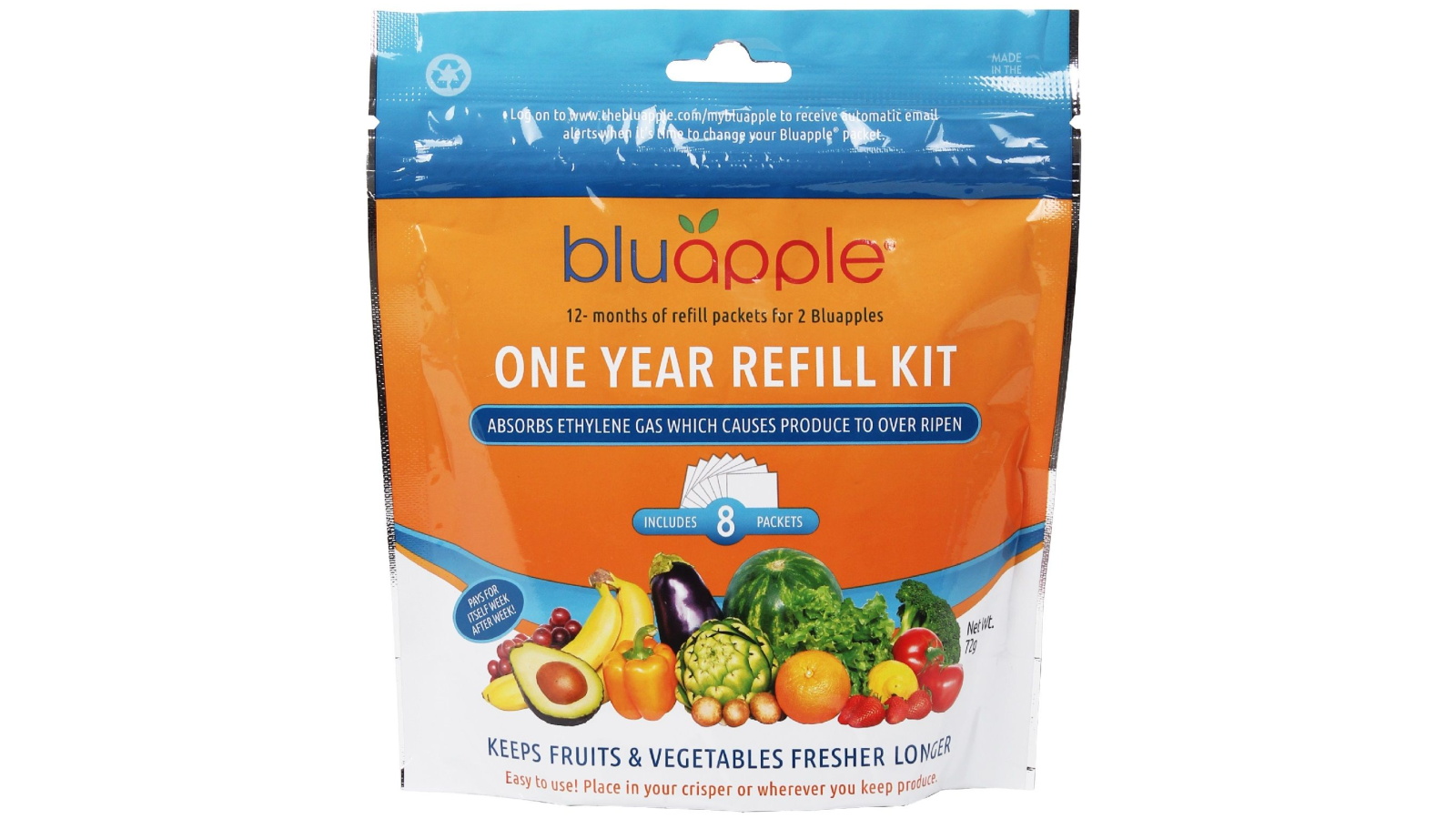 BluApple Classic Fruit and Vegetable Life Extender 1 Year Refill Kit with 8 Sachets