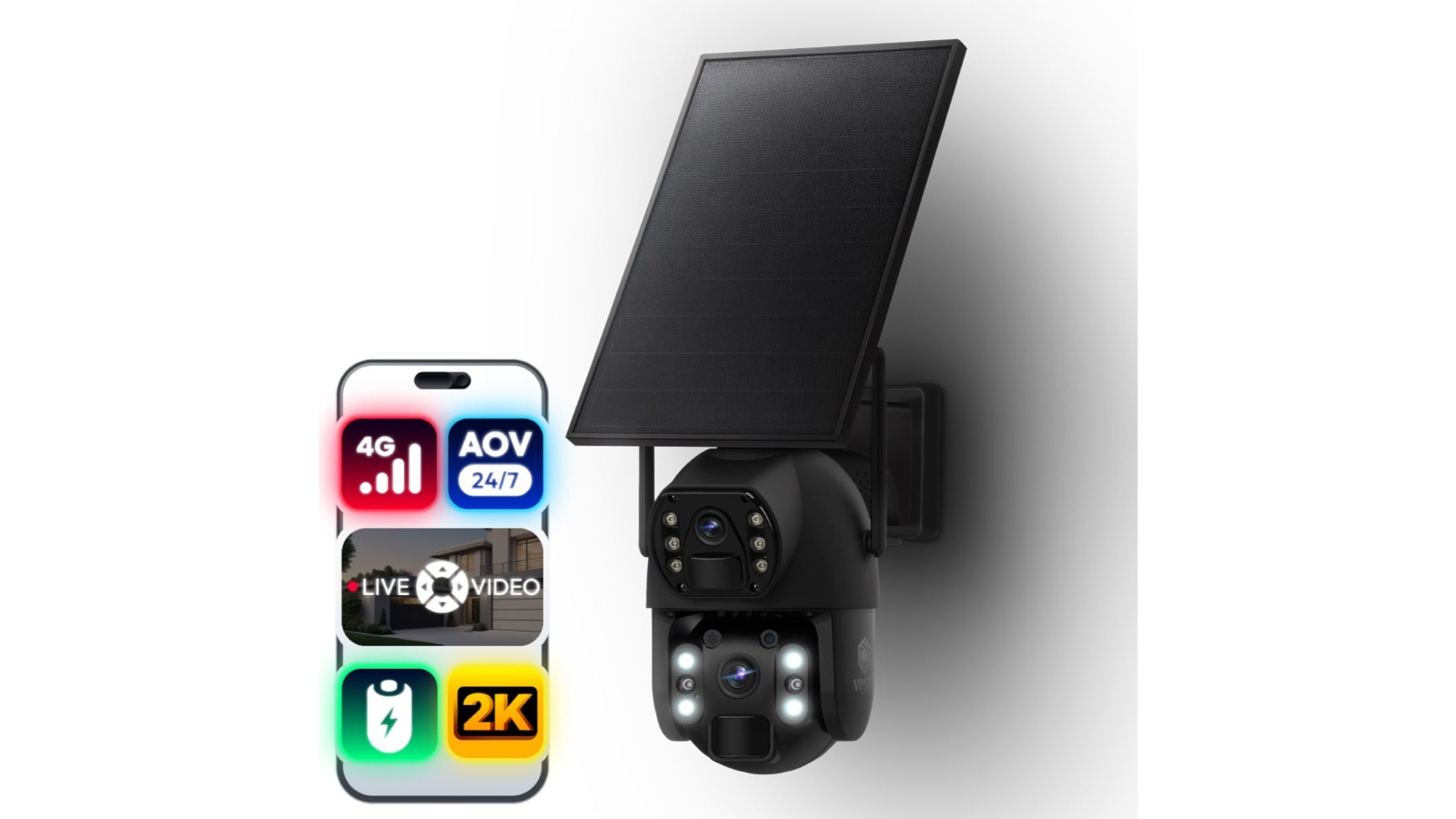 Vimel 4G Solar Security Camera 360 View 24/7 Recording Battery