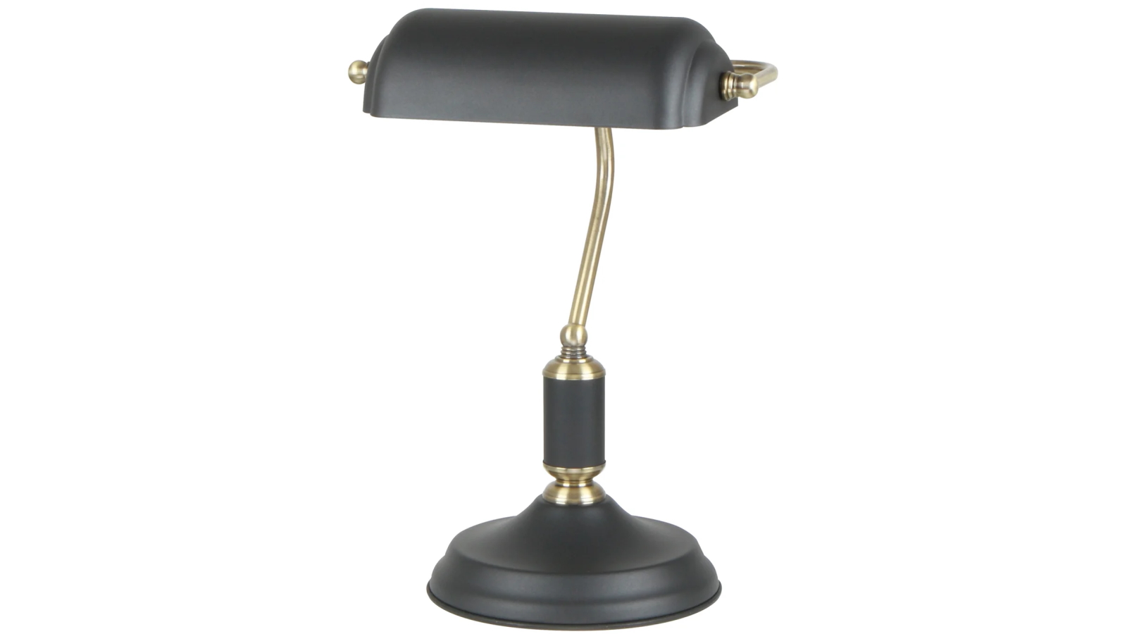 Interior Matte Black Banker Lamp with Cylindrical Shade and Antique Brass Highlight