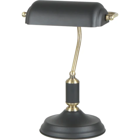 Interior Matte Black Banker Lamp with Cylindrical Shade and Antique Brass Highlight