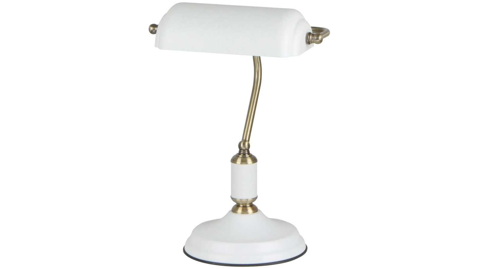 Interior Matte White Banker Lamp with Cylindrical Shade and Antique Brass Highlight