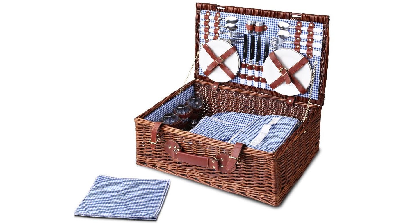 Alfresco 4 Person Picnic Basket with Built-in Thermally-insulated Cooler Bag - Brown/Blue